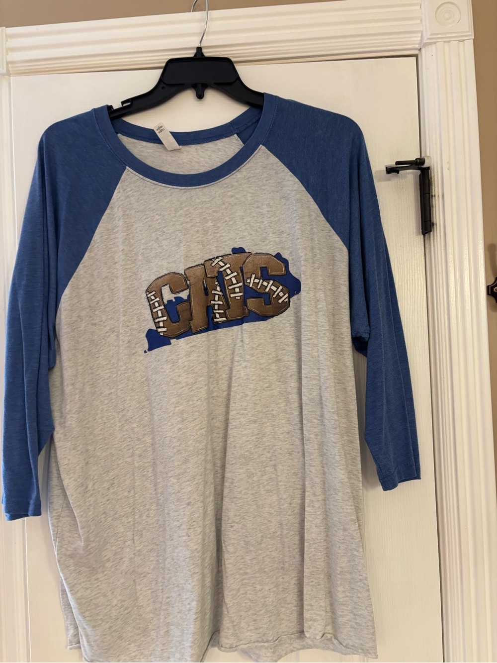 Next Level Apparel Gray Raglan Tee with Blue Sleeves and Football Graphic